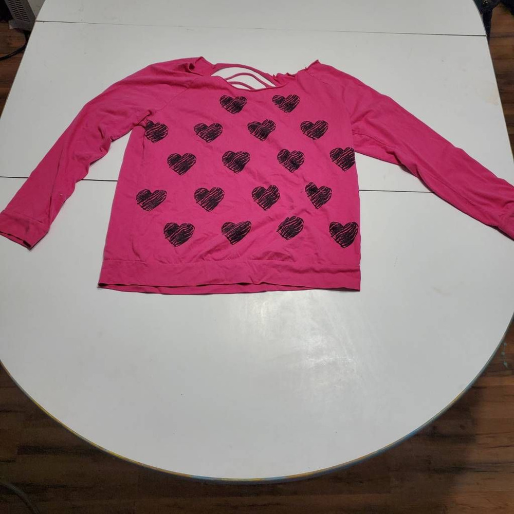Hard Candy Girls Blouse Pink Heart Long Sleeve Scoop Neck Slash Back L 11-13